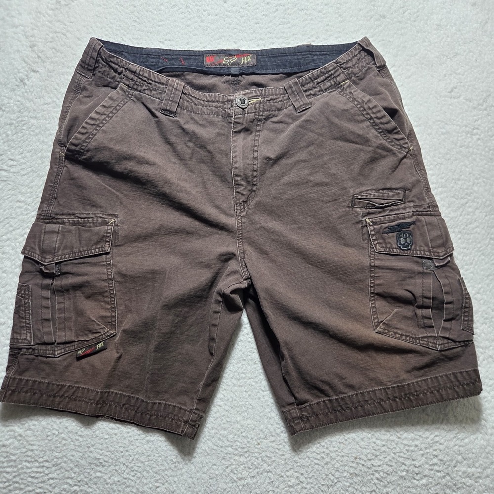 Vintage Fox Deluxe Racing Brown Shorts Cargo Skate Baggy 38 Mens Y2K Patches